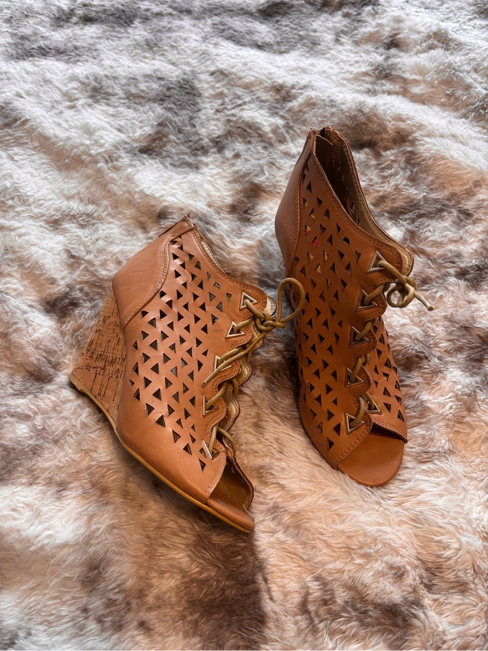 Lace-Up Cork Wedge Sandals in Tan